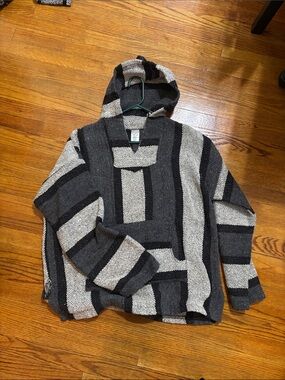 Men's Hooded Striped Baja Pullover Sweater - Black & Cream
